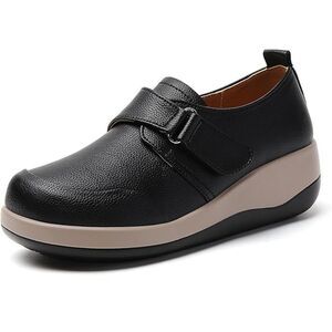 Leather Wedge Rocker Loafers With Adjustable Hook Loop, Size 6.5, 12B-156S010